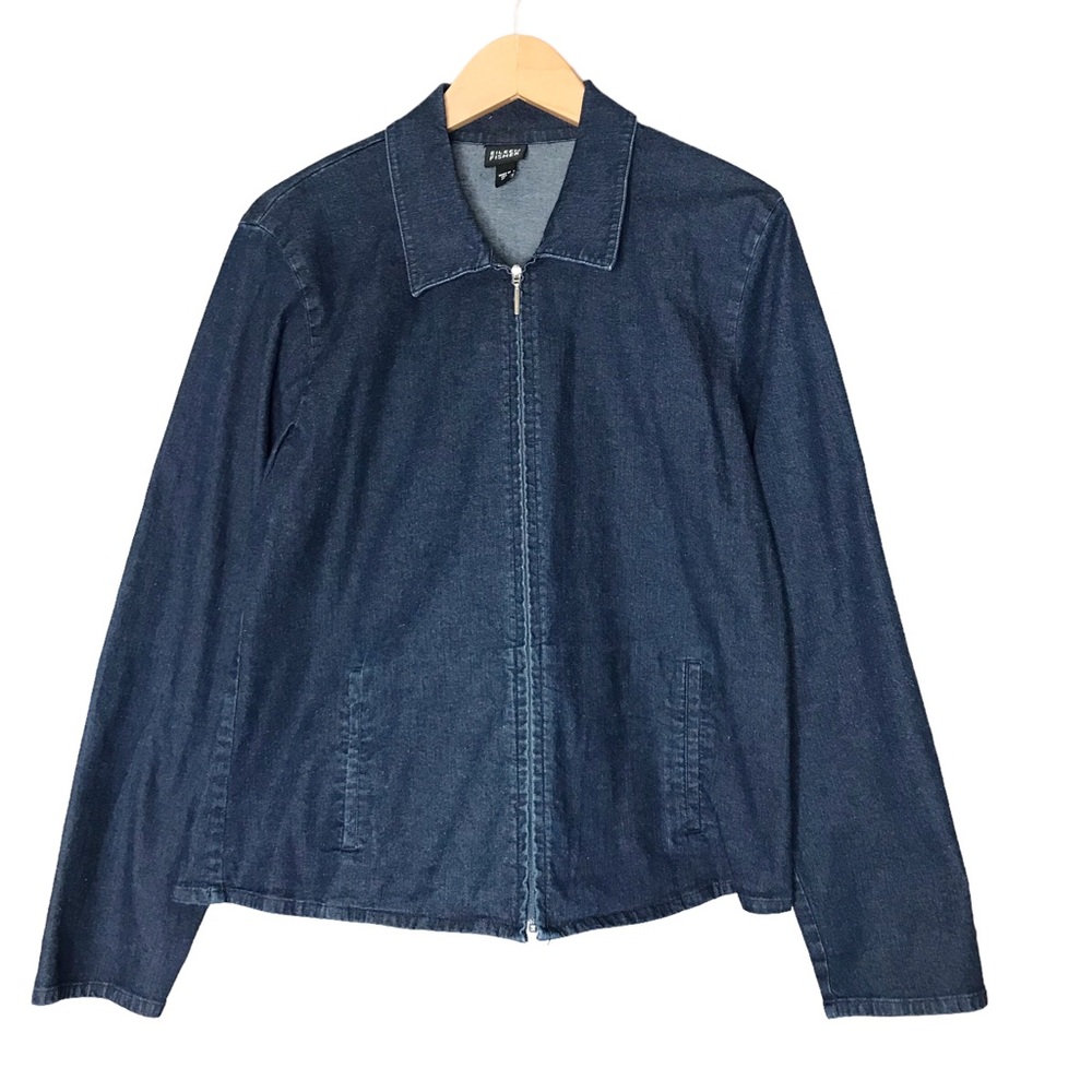 Medium Eileen Fisher Blue Cotton Chambray Shirt Jean Jacket Coastal Stretch
